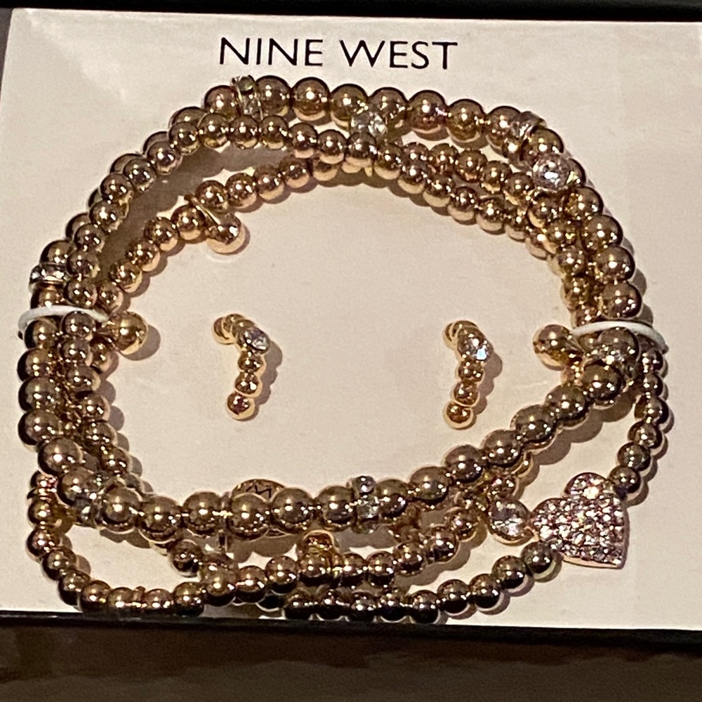 Nine West Gold Beaded Bracelet Set with Heart Charm and matching earrings